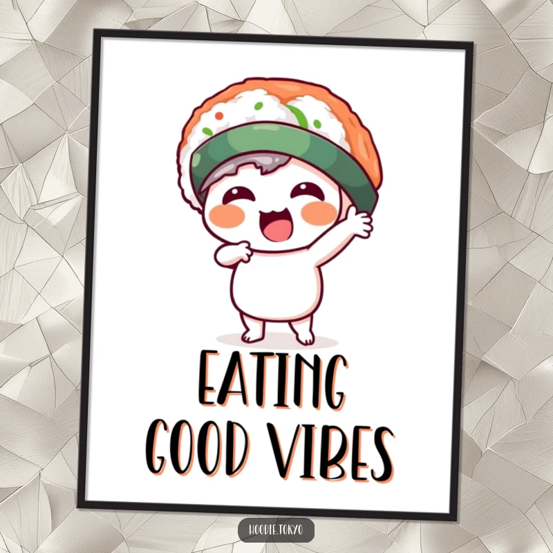 Funny kawaii character wearing a silly sushi hat, striking a dynamic pose, displayed as cheerful wall art. A humorous and eye-catching poster.