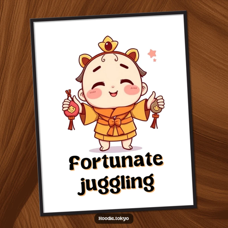 Funny poster art of a playful character with a cheeky grin, skillfully juggling three colorful omamori charms.