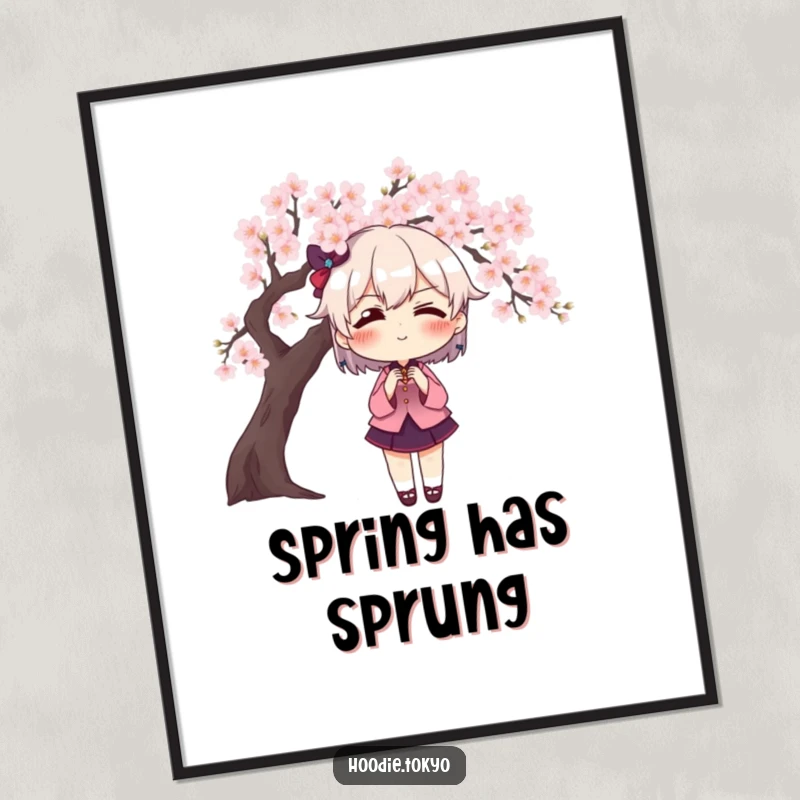 Funny character with exaggerated blush posing dramatically in front of a cherry blossom tree, a humorous and artistic wall display.