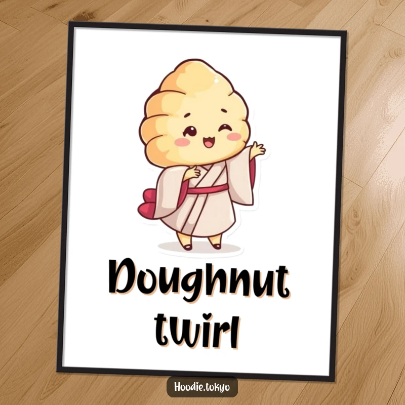 Funny Croissant Kimono Poster: Captivating artwork of a smiling croissant character in a kimono twirling playfully, bringing whimsical vibes to any wall.