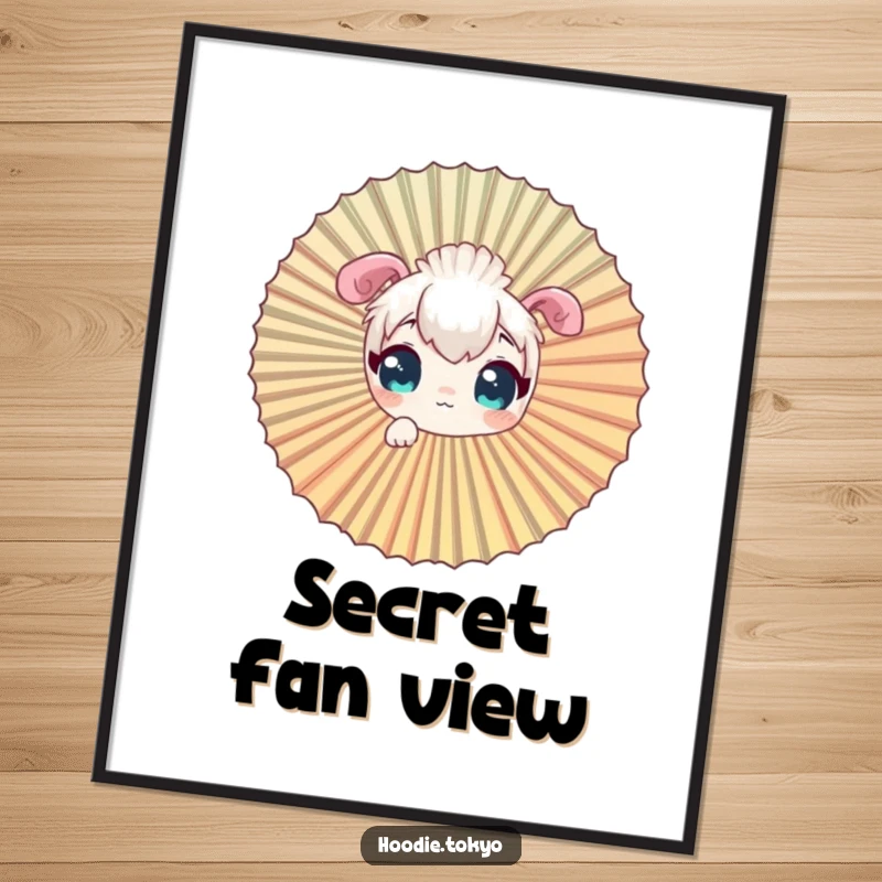 Funny curious character poster, looking intensely through the pattern of a giant fan.