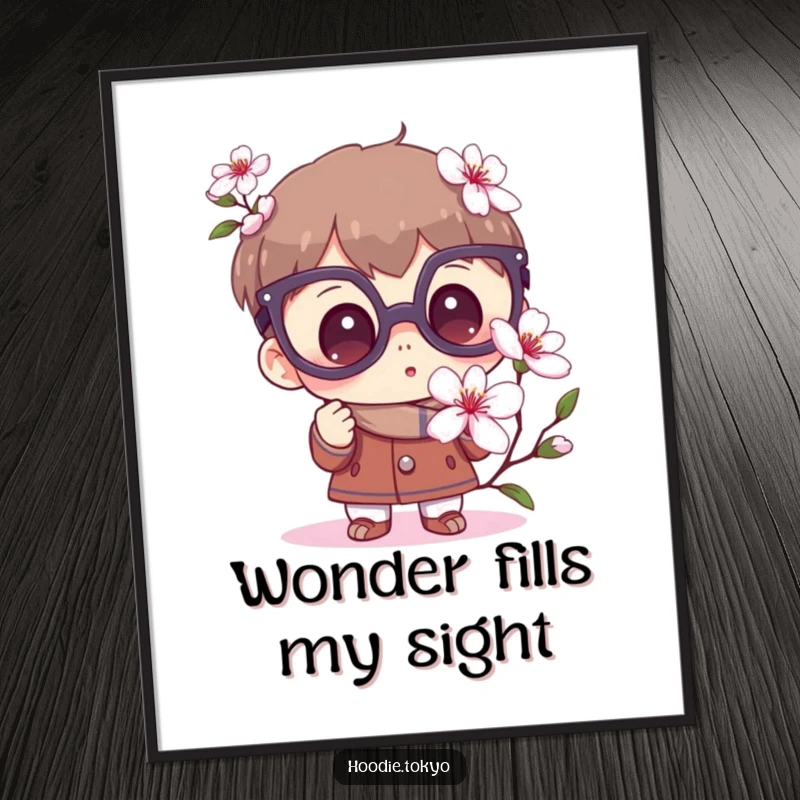 Funny Curious Poster: Art featuring a character with oversized glasses looking with wonder at a blooming sakura flower.