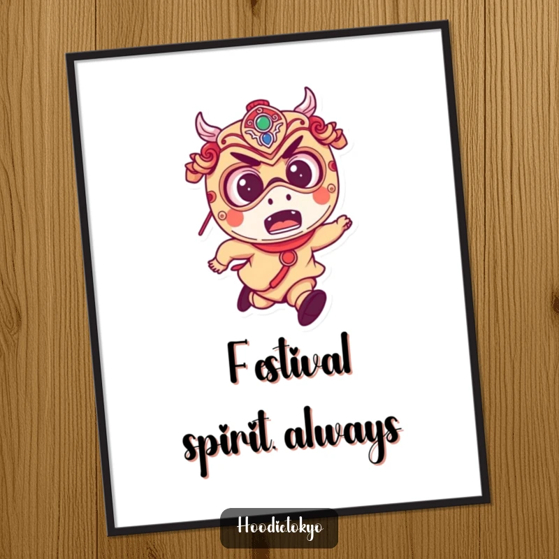 Funny poster of a small, mischievous character with excited eyes, wearing a Japanese festival mask and running dynamically.