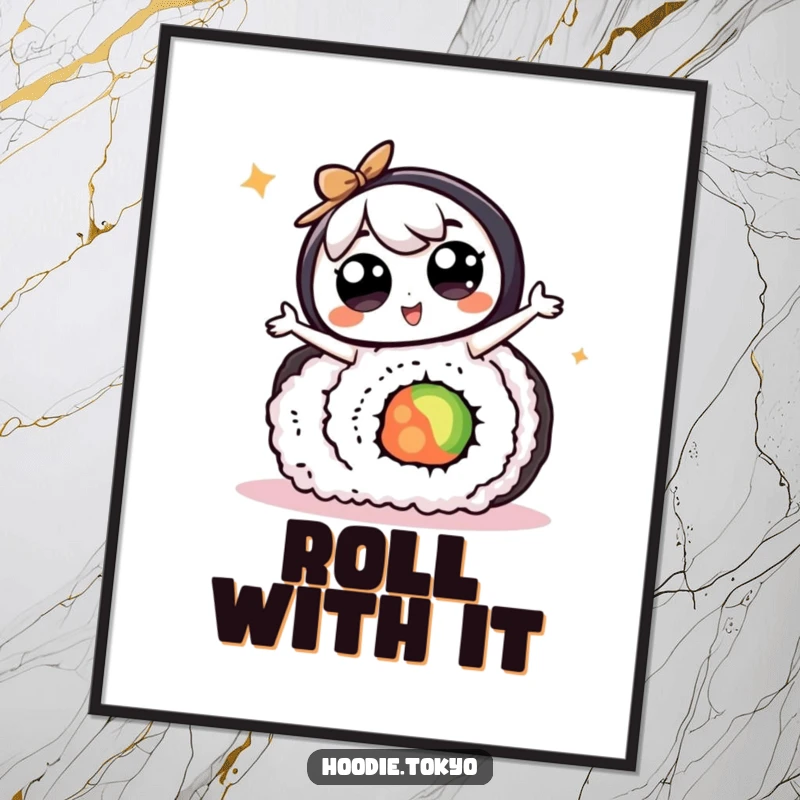 Funny kawaii character with big eyes doing a silly dance on a giant sushi roll, a hilarious and vibrant wall art.