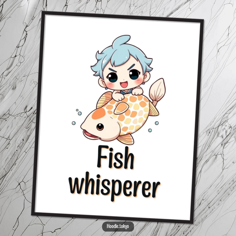 Funny Poster: Character with a determined grin attempting to mount a giant koi fish, capturing a moment of humorous ambition.