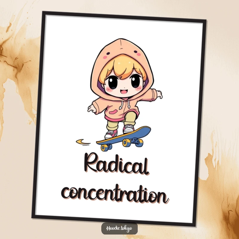 Funny, vibrant poster of a character in a bright hoodie, smiling with intense focus while skateboarding rapidly down a path.