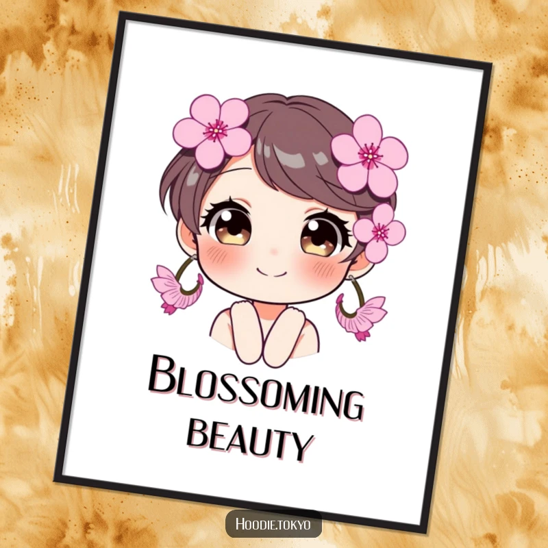Funny smiling character with oversized cherry blossom earrings, eyes sparkling, a delightful and humorous poster.