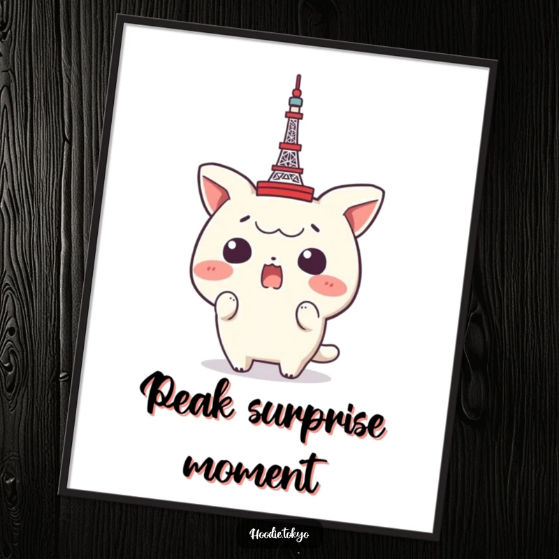 Funny Tokyo Tower Poster: A character’s wide-eyed surprise as a tiny Tokyo Tower sits amusingly on its head, creating whimsical wall art.
