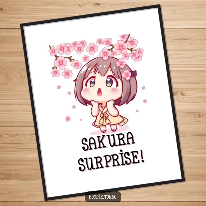 Funny surprised Tokyo character mesmerized by floating cherry blossoms, beautiful anime poster art, serene spring decor.