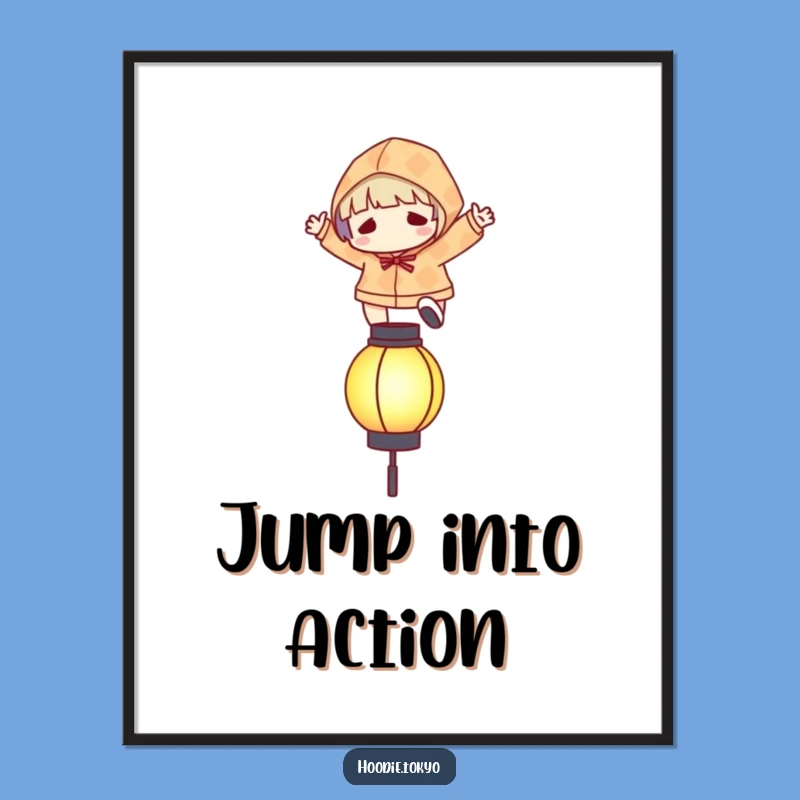 Funny Leaping Character Poster: Patterned Hoodie Over Glowing Lantern Art