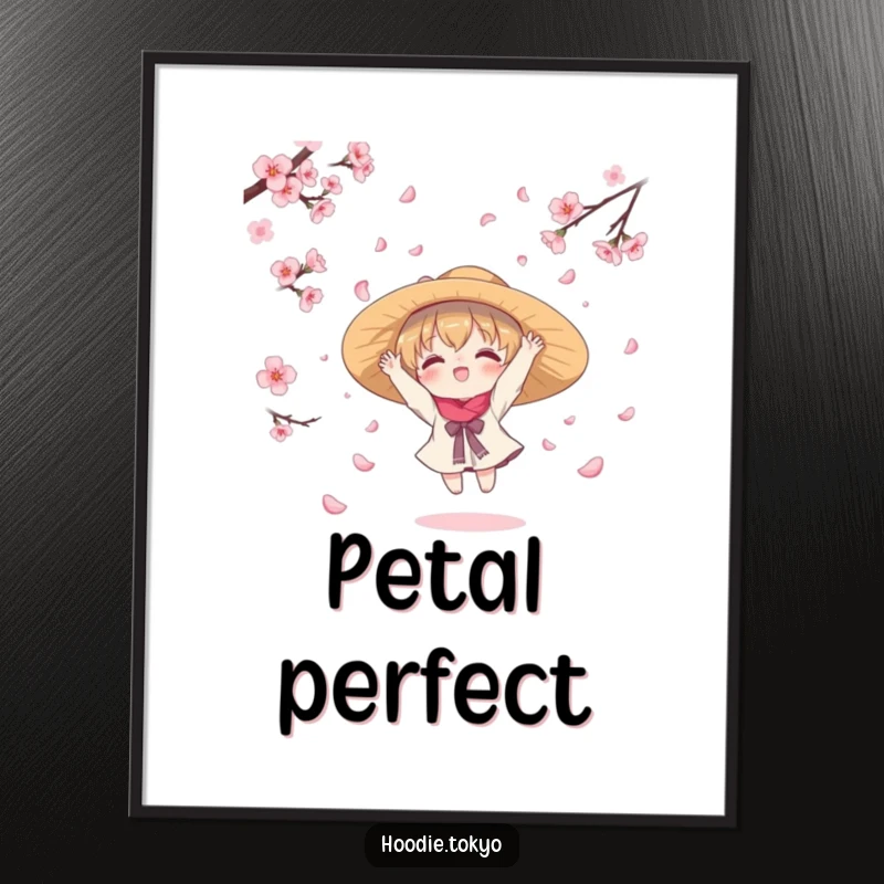 Funny poster of a cute kawaii character in a hat, joyfully catching falling cherry blossom petals, creating a whimsical and heartwarming piece of art.