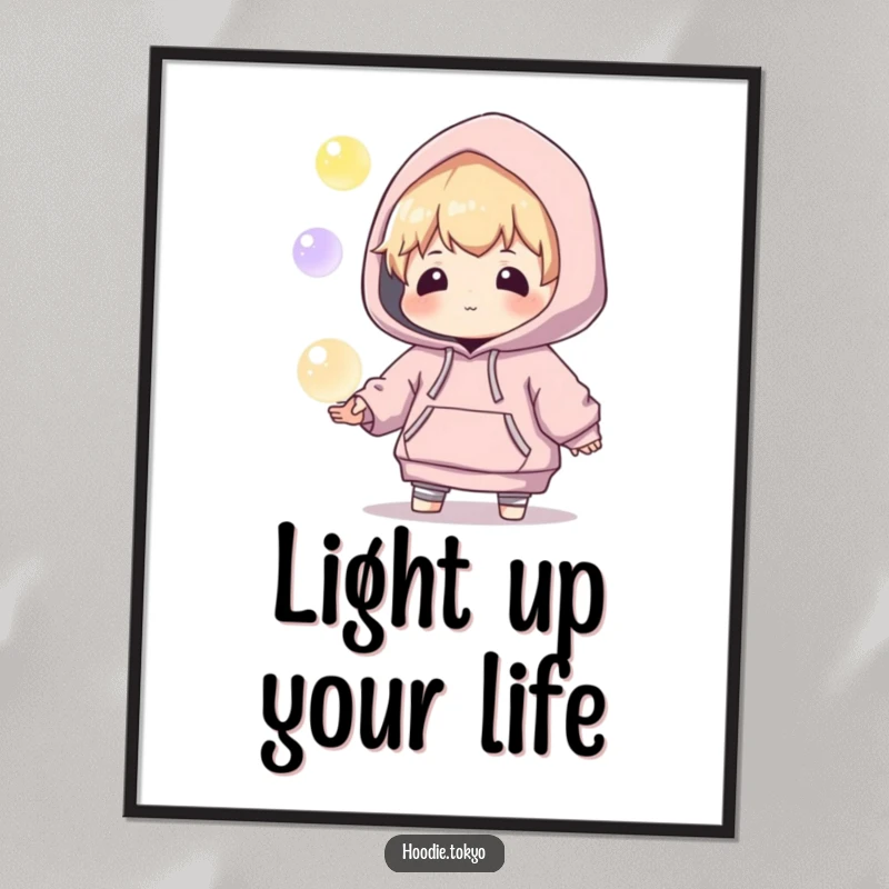 Funny, vibrant poster featuring a playful character in an oversized hoodie, juggling luminous, glowing orbs with focused, whimsical intent.