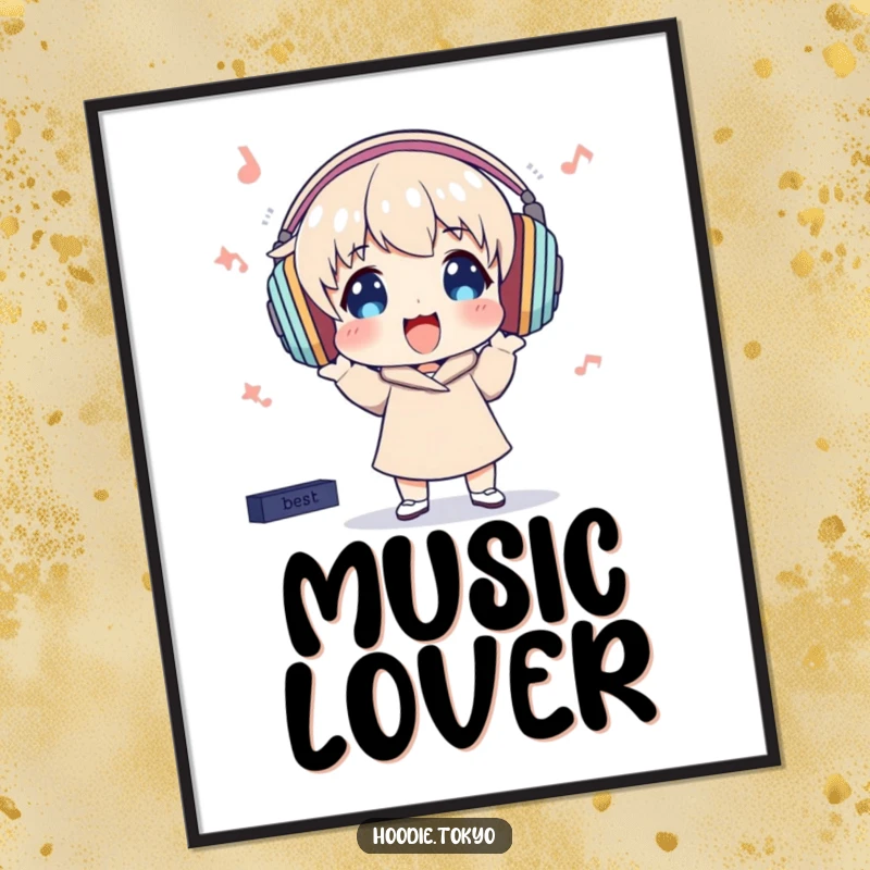 Funny Poster: Character wearing oversized headphones bops excitedly, lost in the rhythm of unseen music, capturing pure audio bliss.