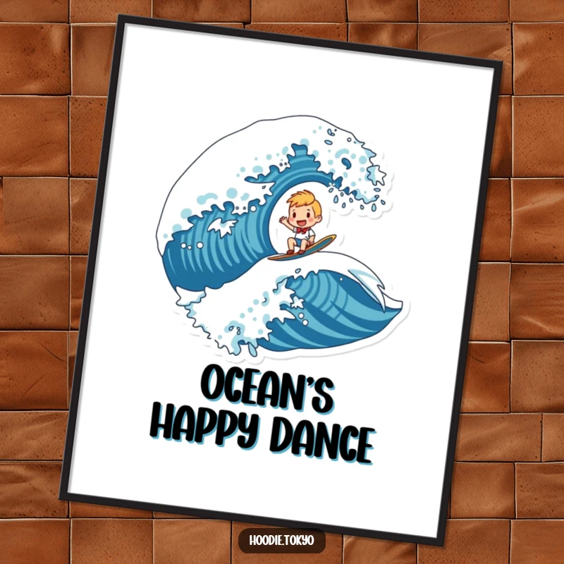 Funny poster art of a character joyfully riding a giant, stylized wave, evoking exhilaration and a sense of fun.