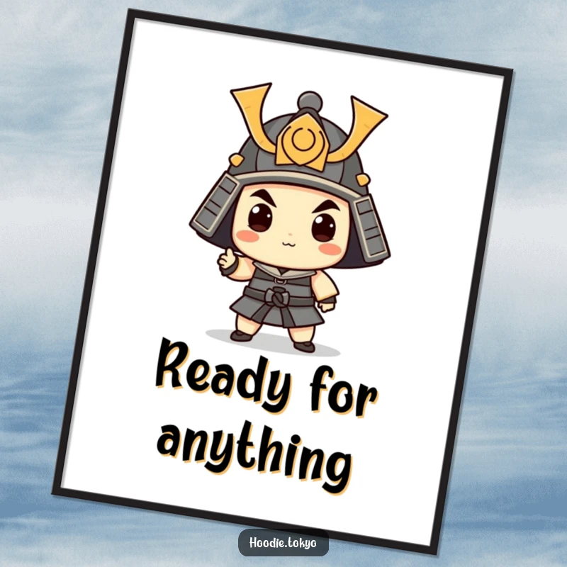 Funny Samurai Poster: Whimsical warrior artwork depicting a character in a small helmet striking a funny, memorable pose.