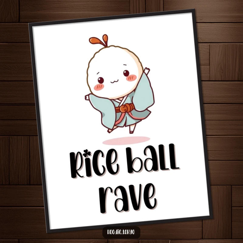 Funny Rice Ball Kimono Poster: Captivating artwork of a tiny rice ball character in a kimono hopping, bringing playful vibes to any wall.