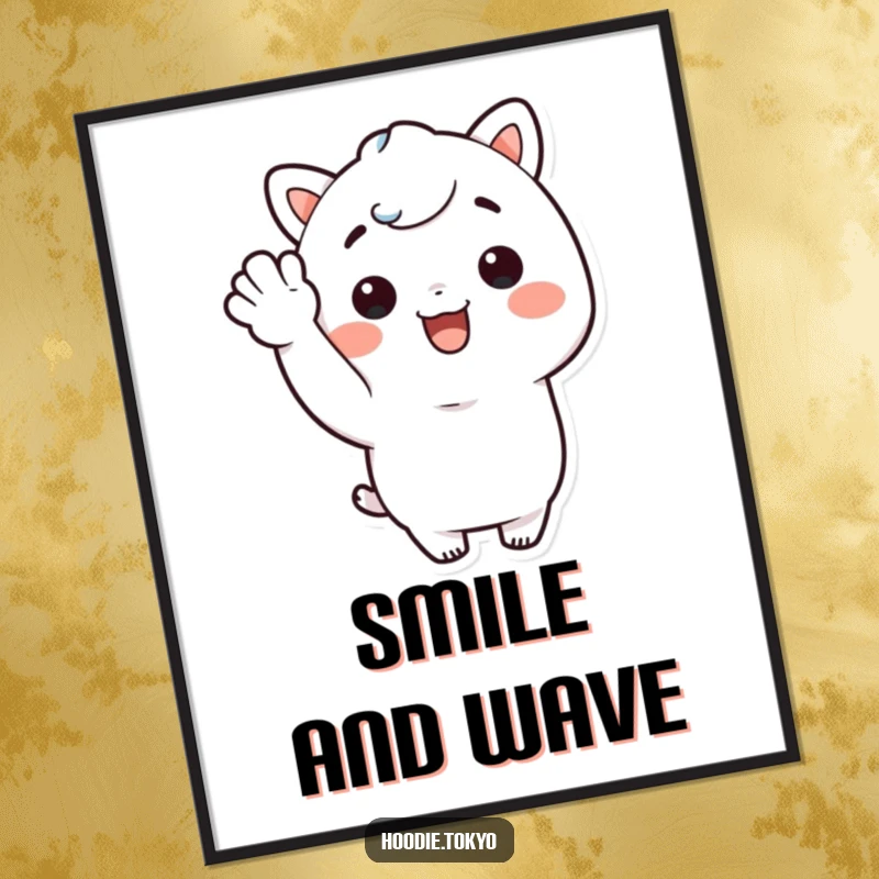 Funny Kawaii character with a big smile giving a cheerful wave, presented as a high-resolution poster for happy decor.