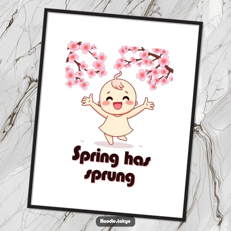 Funny poster capturing a character in mid-dance under flowering cherry blossom trees, radiating pure, unadulterated joy.