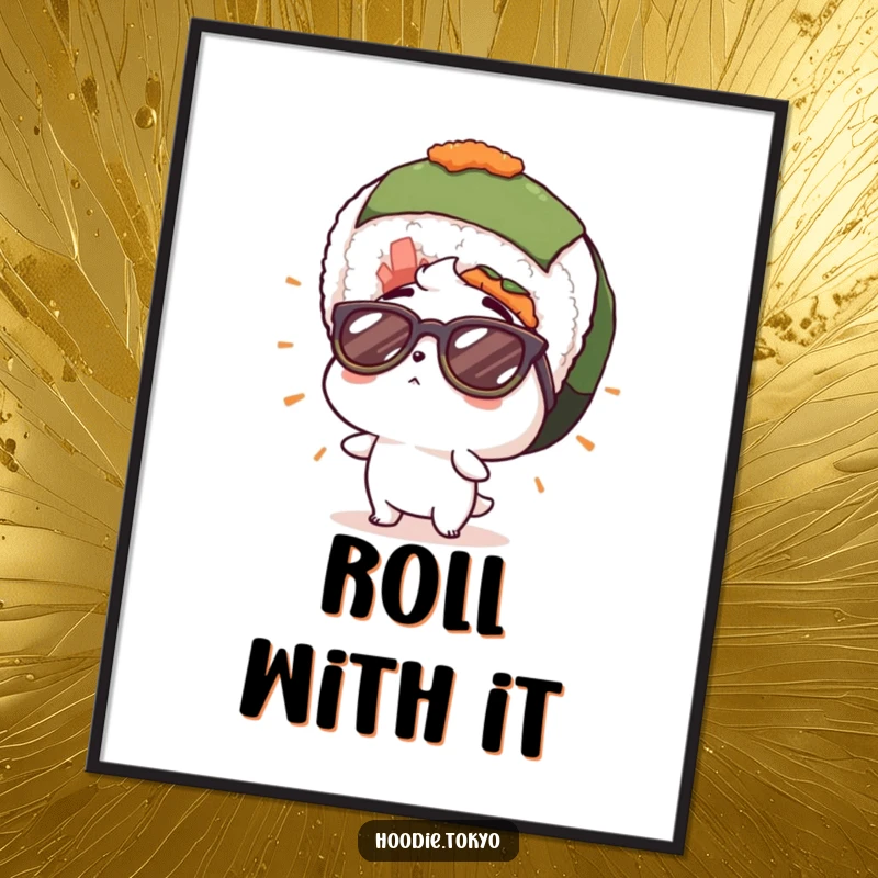 Funny poster of a character in cool sunglasses, staring in disbelief at a giant sushi roll, capturing a moment of culinary wonder and humor.