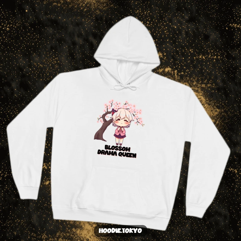 Funny character with exaggerated blush posing dramatically in front of a cherry blossom tree, perfect for cozy, humorous wear.