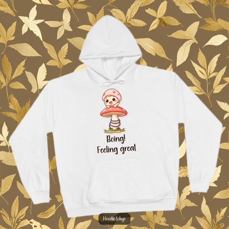Funny hoodie depicting a character with a wide grin joyfully bouncing on a massive, springy mushroom, embodying playful energy.