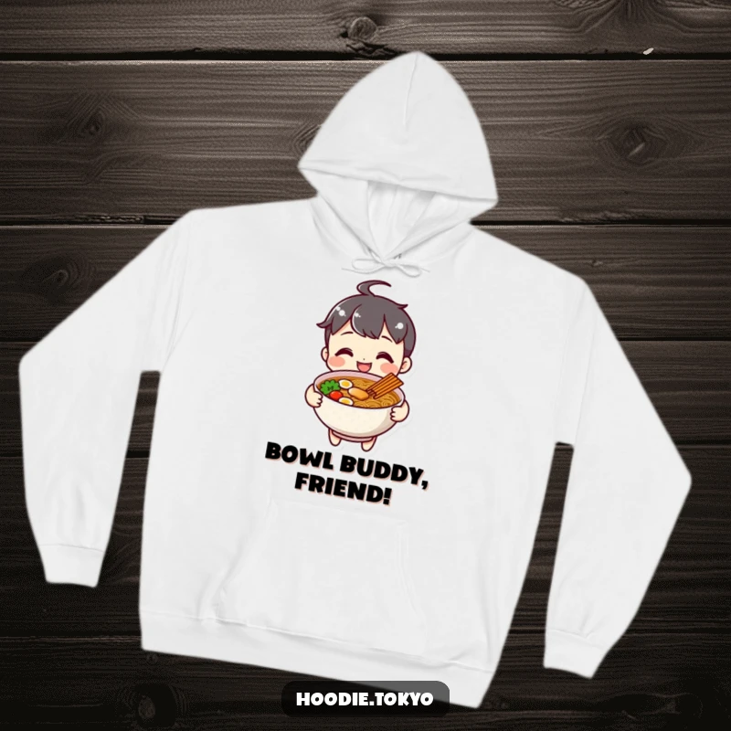 Funny cheerful ramen character hoodie, smiling and offering a bowl of ramen.