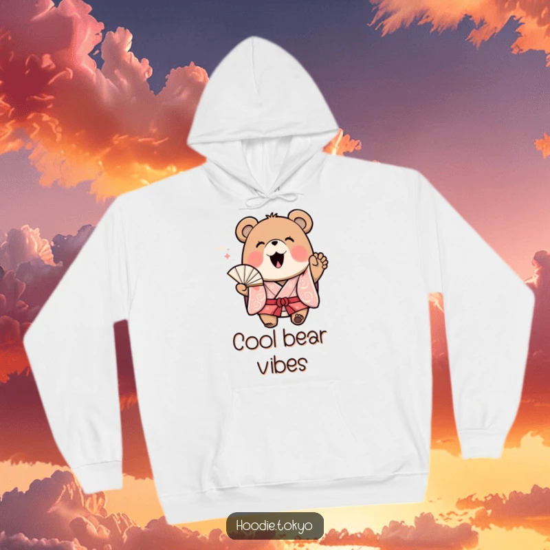 Funny Bear Kimono Hoodie: A soft hoodie featuring a cheerful bear in a kimono waving a fan with great excitement, perfect for cozying up.