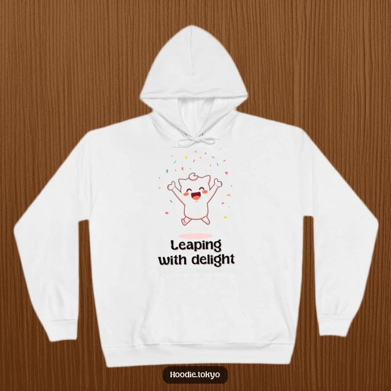 Funny celebration kawaii hoodie with a cute character jumping with confetti, cozy funny gift.