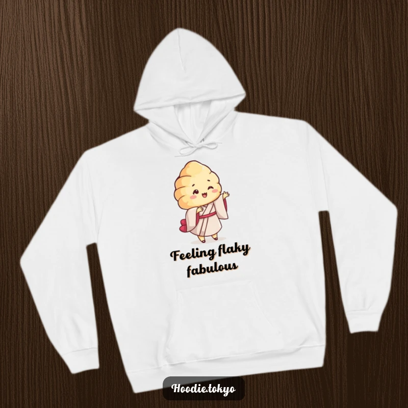 Funny Croissant Kimono Hoodie: A soft hoodie featuring a smiling croissant character in a kimono performing a playful twirl, bringing comfort and fun.