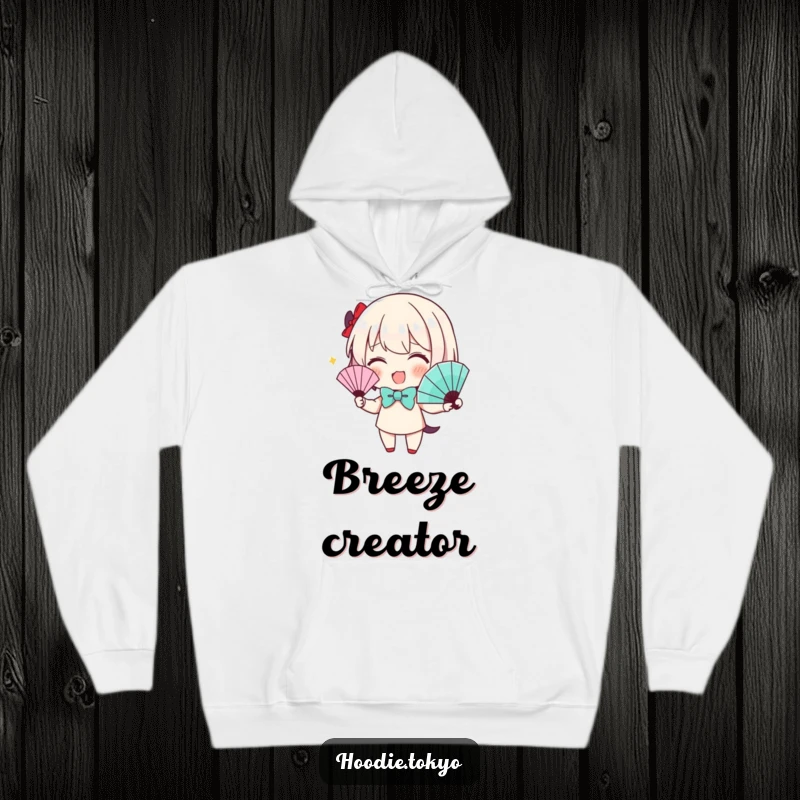 Funny Hoodie: Character wearing a cute bow tie enthusiastically waves a fan, offering cozy style and humor.