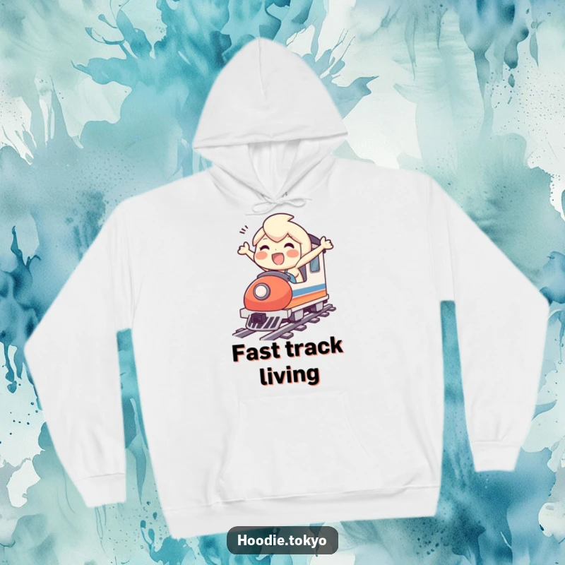 Funny hoodie featuring a cheerful character zipping along on a miniature bullet train, perfect for cozy, humorous adventures.