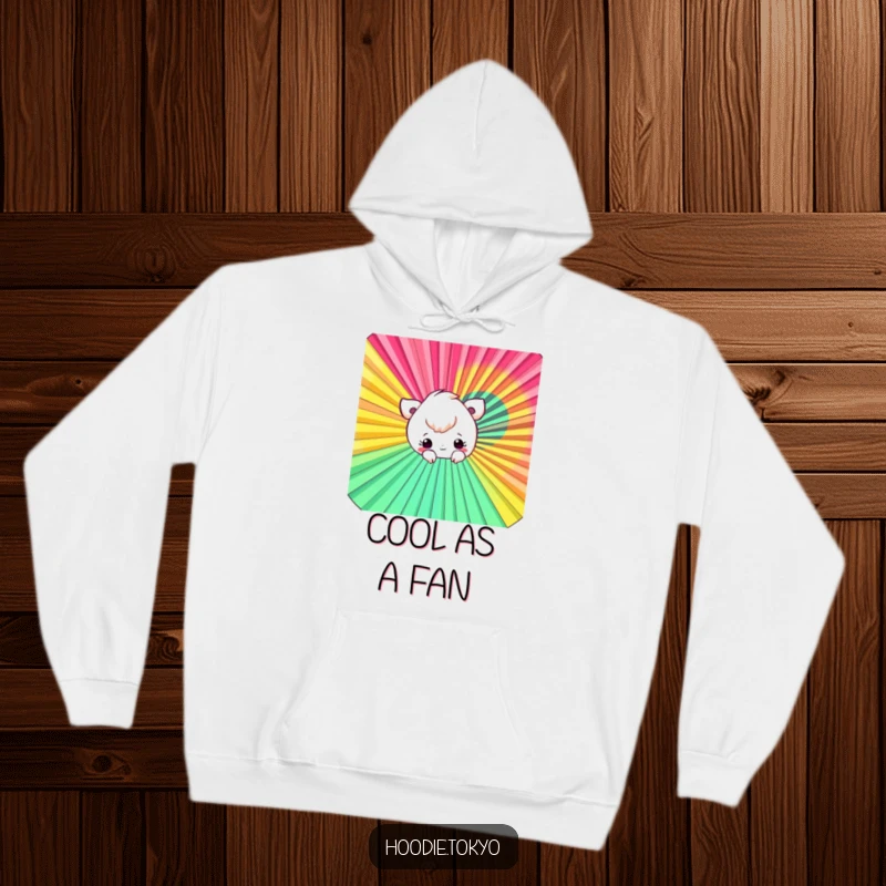 Funny Fan Peek-a-Boo Hoodie showcasing a playful character peeking from behind a large, colorful fan, perfect for staying cozy.