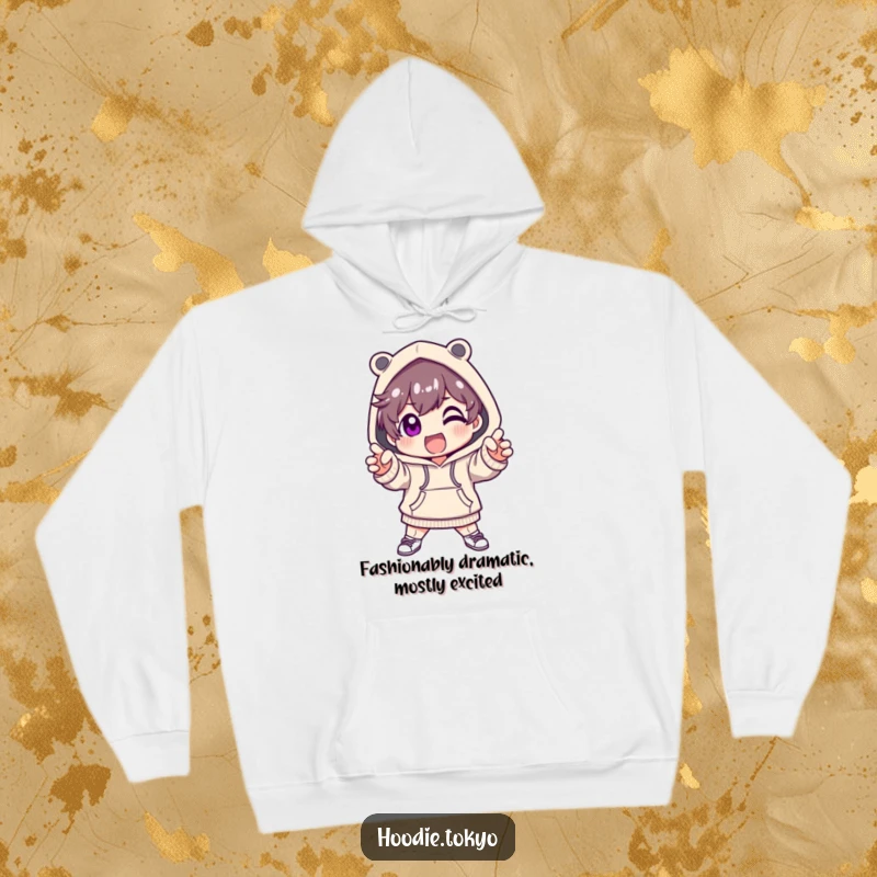 Funny hoodie with a cute, fashionable character in a trendy hoodie striking an excited, dramatic pose.