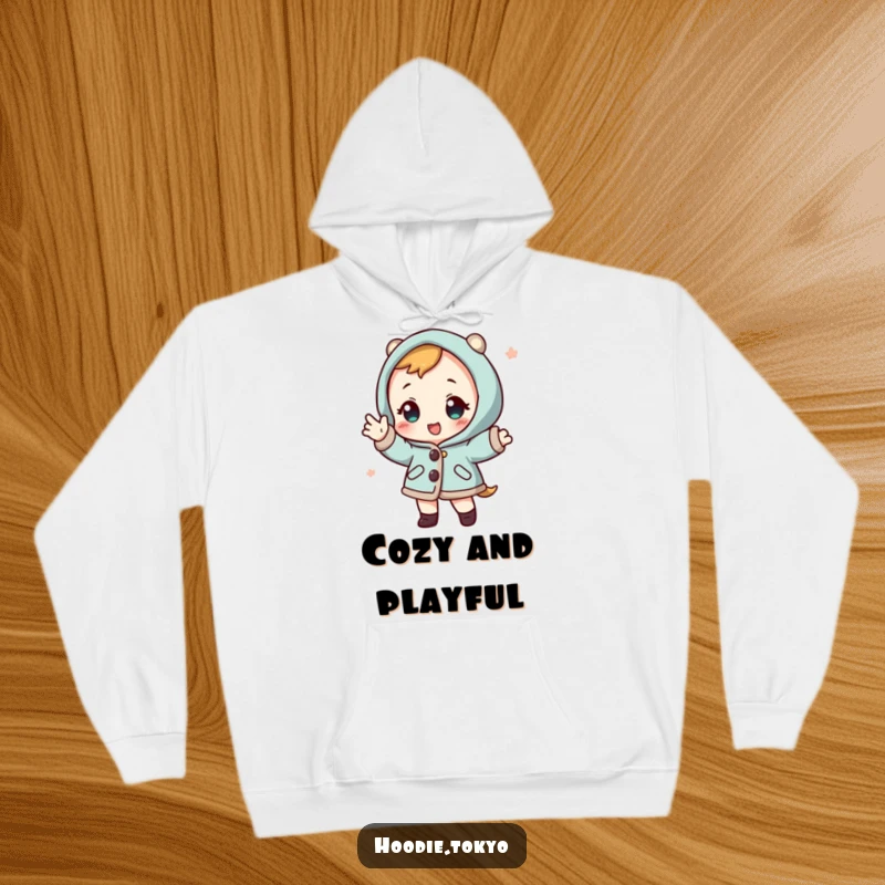 Funny character in a traditional Japanese happi coat posing playfully, perfect for a cozy and humorous hoodie.