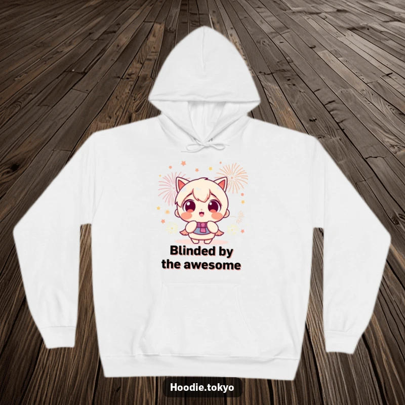 Funny Kawaii character, eyes wide with excitement, captivated by a dazzling fireworks display, featured on this comfy hoodie.