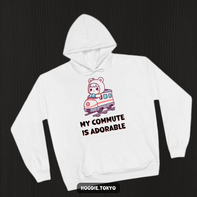 Funny Kawaii character speeding along on a whimsical, miniature bullet train, radiating happiness in this cozy hoodie design.