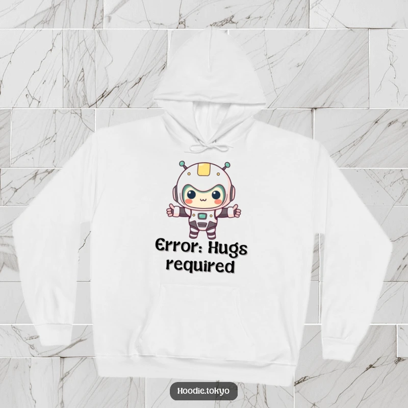 Funny kawaii character in a tiny robot costume, arms outstretched, designed on a comfortable hoodie. A blend of warmth and humor.