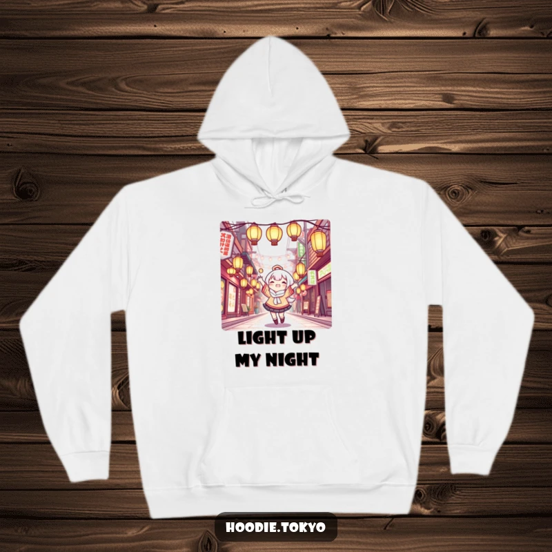 Funny Hoodie: Cute Kawaii character joyfully juggling glowing lanterns in Tokyo, a warm and amusing graphic.