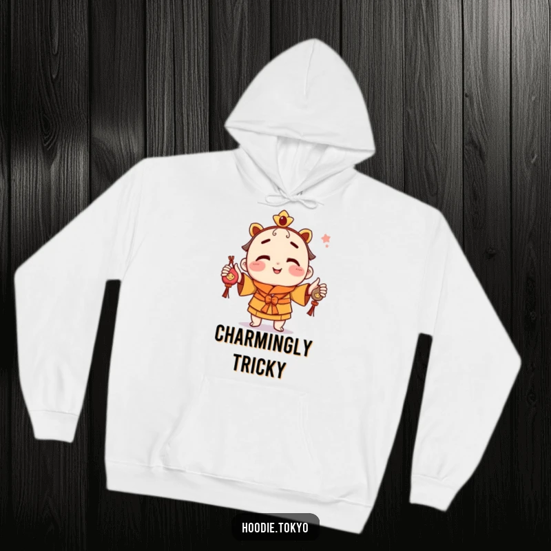 Funny hoodie depicting a playful character with a cheeky grin, juggling colorful omamori charms, offering cozy luck.
