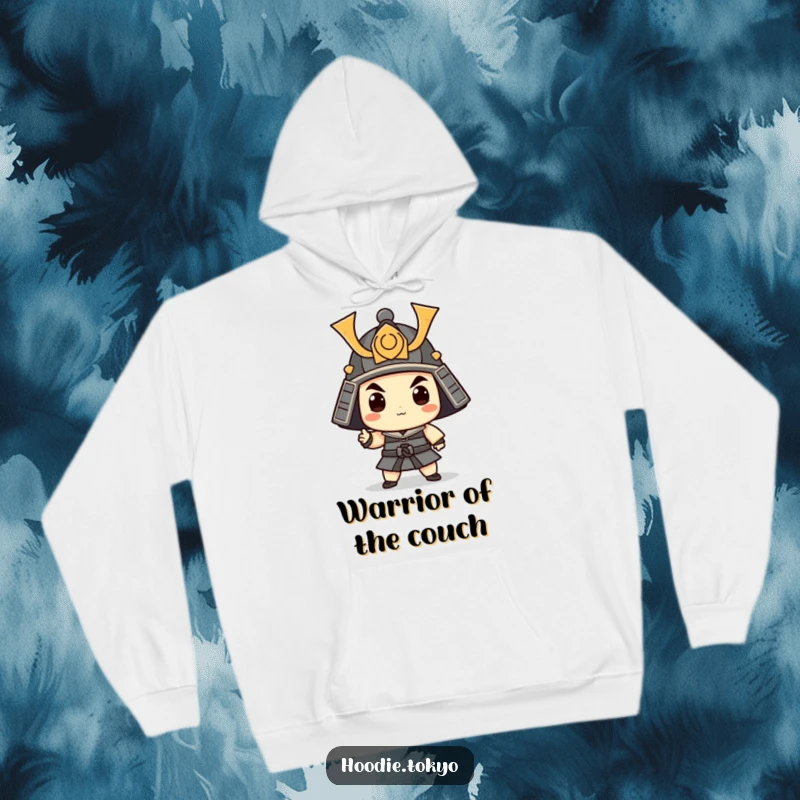 Funny Samurai Hoodie: A cozy sweatshirt featuring a whimsical warrior in a tiny helmet striking a funny pose.
