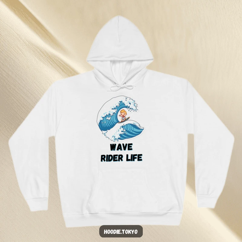 Funny hoodie depicting a character joyfully riding an enormous, stylized wave, symbolizing adventure and exhilarating fun.