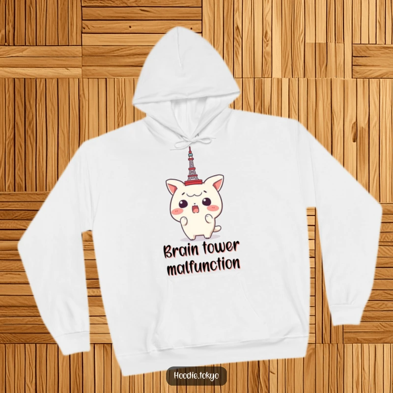 Funny Tokyo Tower Hoodie: A character comically surprised, sporting a tiny Tokyo Tower on its head, perfect for chill vibes and laughs.
