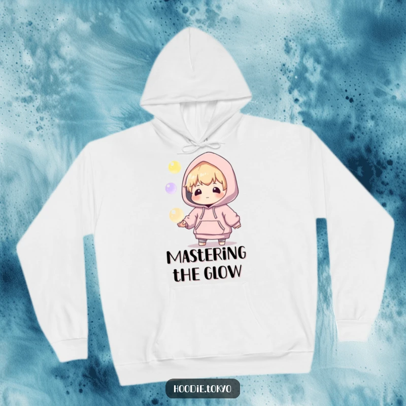 Funny, cozy hoodie featuring a playful character in an oversized hoodie, juggling brightly glowing orbs with a look of delightful concentration.