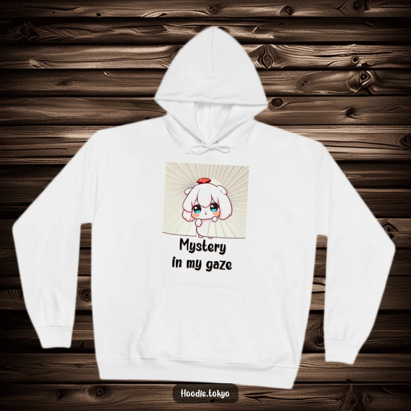 Funny curious character peering through a large fan, cozy anime hoodie, perfect for intriguing wear.