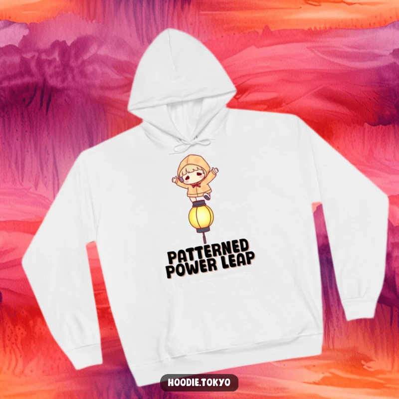 Funny hoodie with a character in a patterned hoodie mid-leap over a stylized, glowing lantern.