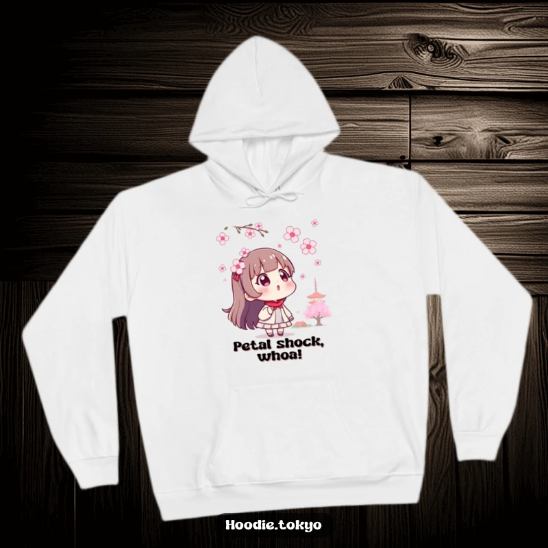 Funny surprised Tokyo character hoodie, gazing upwards in awe at delicate floating cherry blossoms.