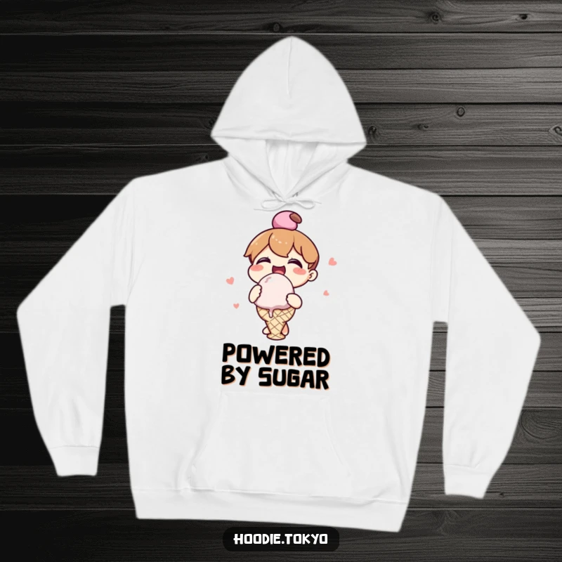 Funny kawaii character hoodie depicting a cheerful character joyfully consuming a huge ice cream scoop, offering cozy comfort.