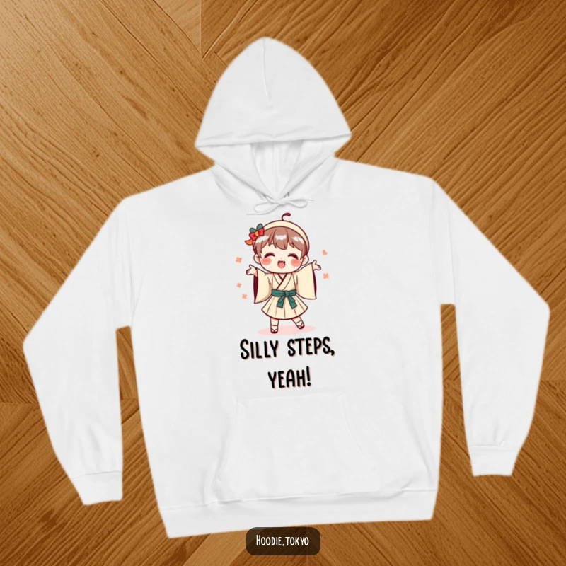 Funny playful Japanese character hoodie, dressed traditionally and doing a fun, silly dance.