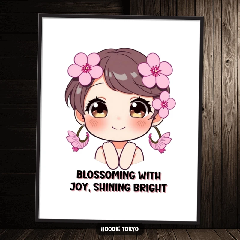 Funny Free Printable Wall Art: Smiling character with oversized cherry blossom earrings, sparkling eyes, exuding joy and charm, decorative.