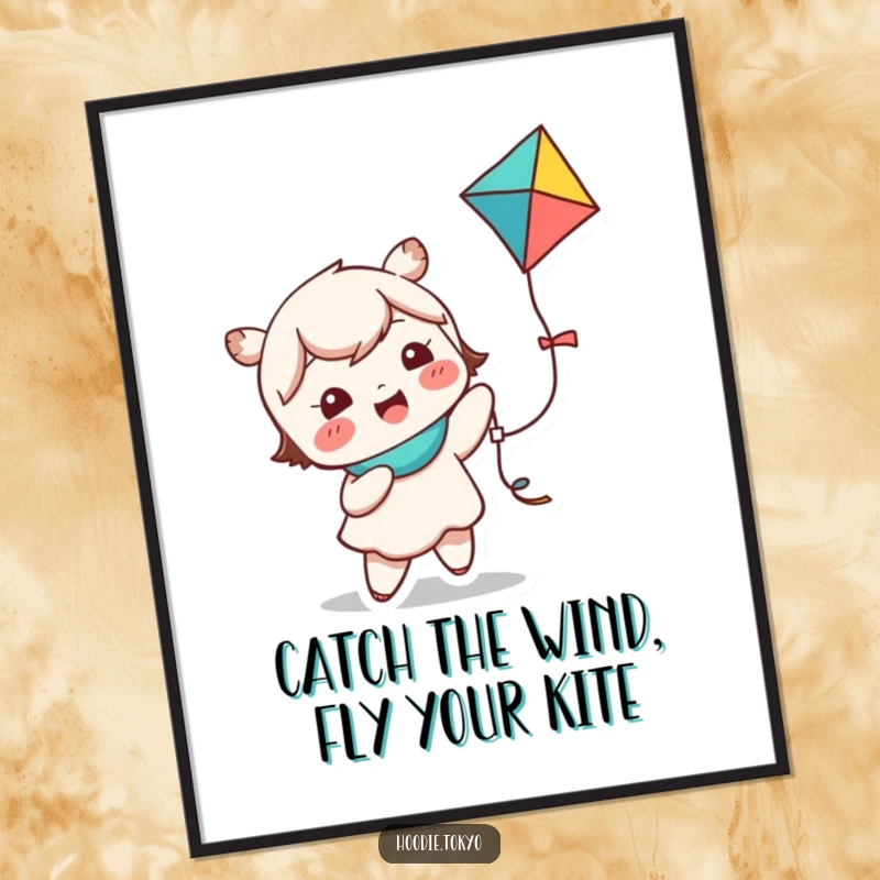 Funny Free Printable Wall Art: Cute kawaii character giggling gleefully while holding a vividly colored kite, spreading infectious joy.